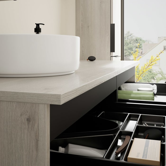 burgbad Eqio Waschtischkombination mit Keramik-Aufsatzwaschtisch 140 cm, links, mit Griff G0200