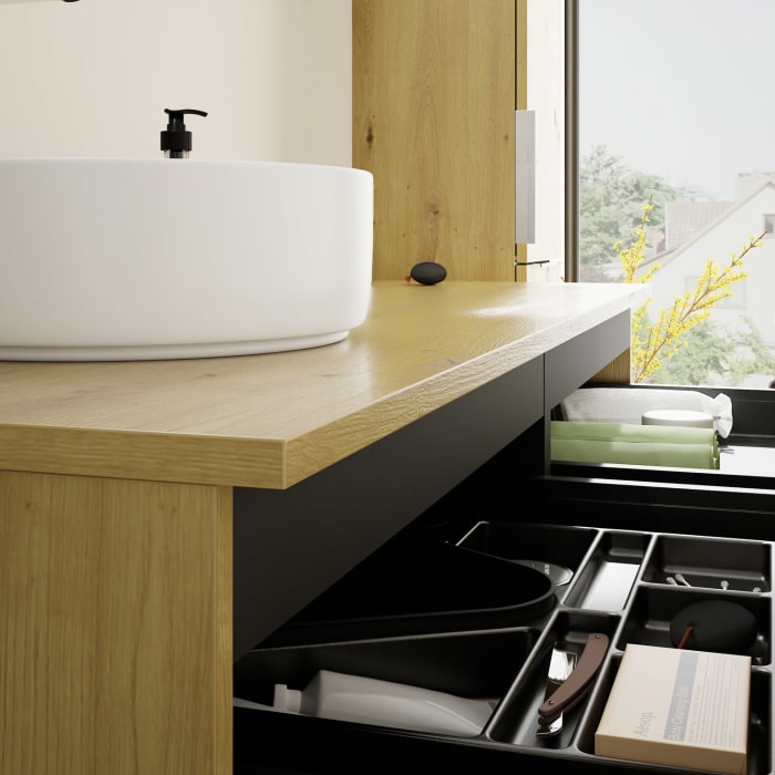 burgbad Eqio Waschtischkombination mit Keramik-Aufsatzwaschtisch 140 cm, links, mit Griff G0146