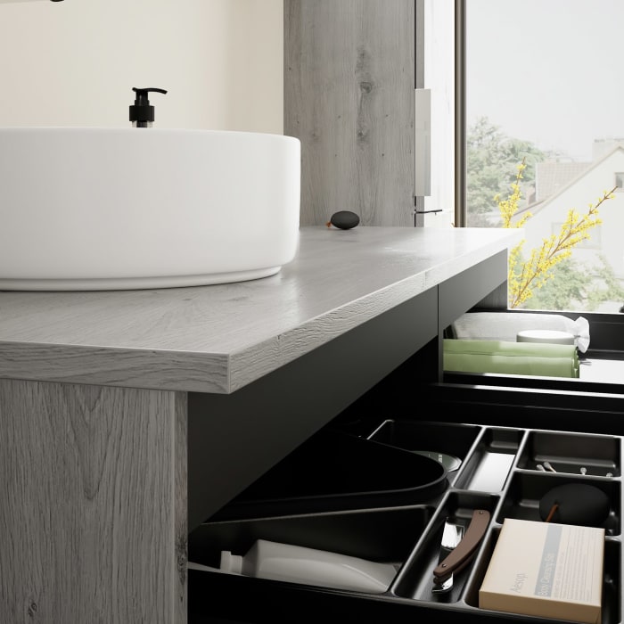burgbad Eqio Waschtischkombination mit Keramik-Aufsatzwaschtisch 140 cm, links, mit Griff G0146