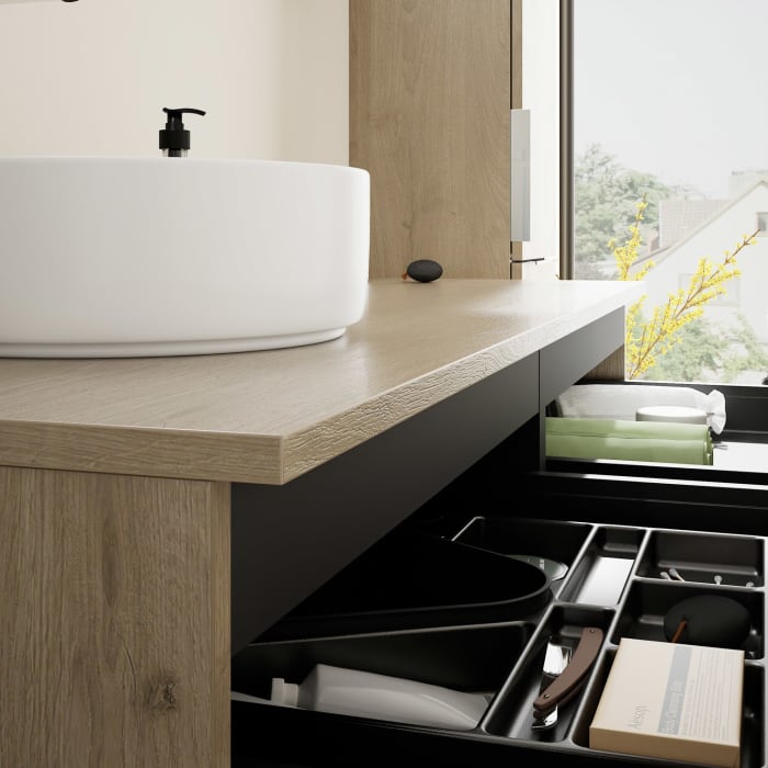 burgbad Eqio Waschtischkombination mit Keramik-Aufsatzwaschtisch 140 cm, links, mit Griff G0146