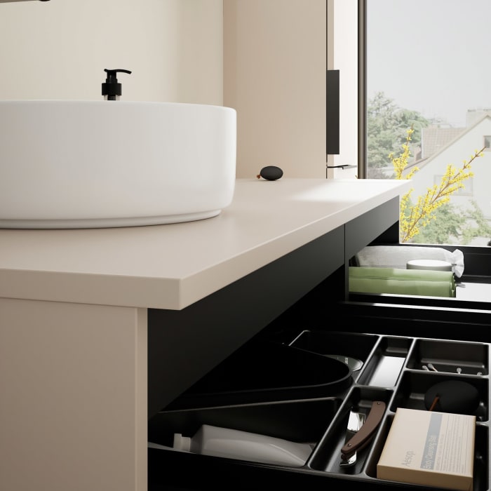 burgbad Eqio Waschtischkombination mit Keramik-Aufsatzwaschtisch 140 cm, links, mit Griff G0200