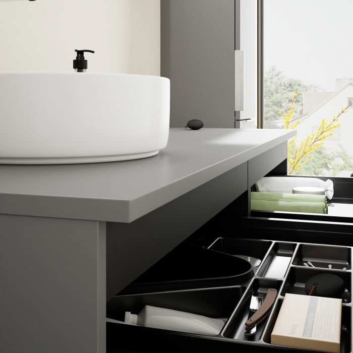 burgbad Eqio Waschtischkombination mit Keramik-Aufsatzwaschtisch 140 cm, links, mit Griff G0146