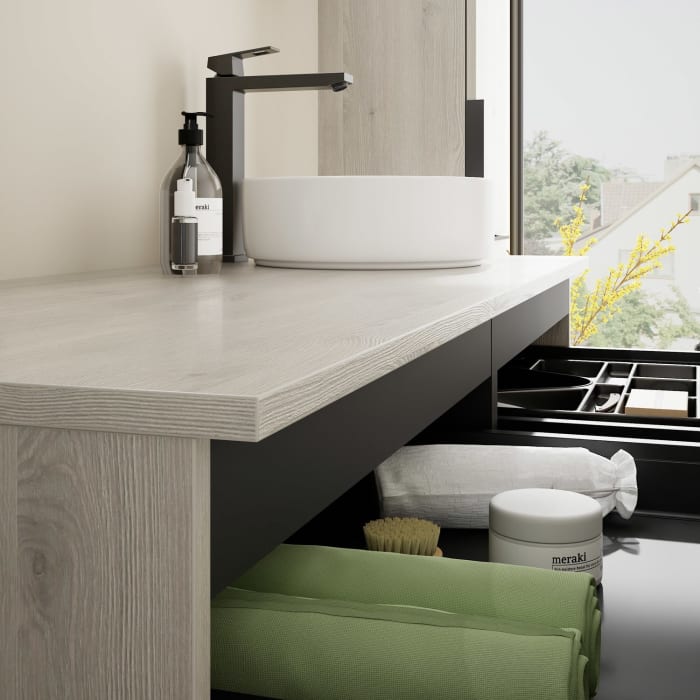 burgbad Eqio Waschtischkombination mit Keramik-Aufsatzwaschtisch 140 cm, rechts, mit Griff G0200