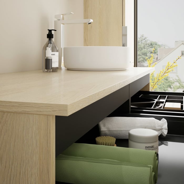 burgbad Eqio Waschtischkombination mit Keramik-Aufsatzwaschtisch 140 cm, rechts, mit Griff G0146