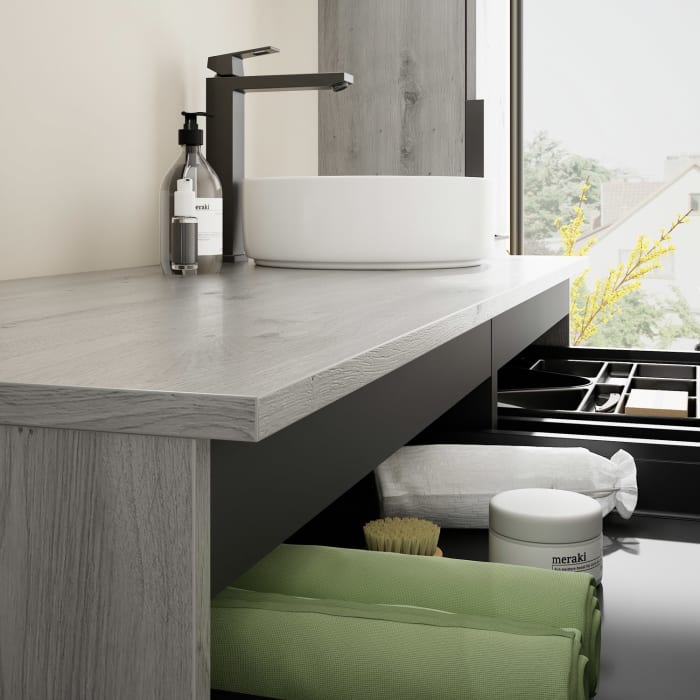 burgbad Eqio Waschtischkombination mit Keramik-Aufsatzwaschtisch 140 cm, rechts, mit Griff G0200
