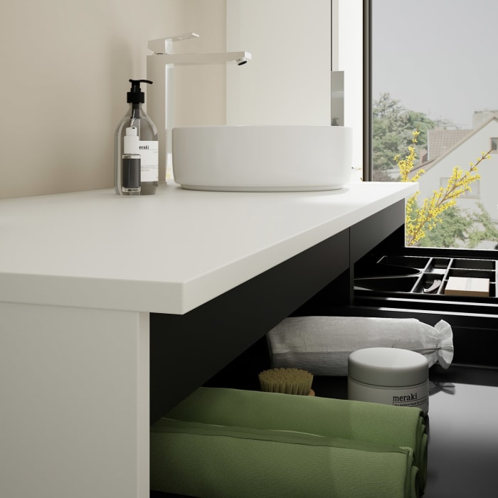 burgbad Eqio Waschtischkombination mit Keramik-Aufsatzwaschtisch 140 cm, rechts, mit Griff G0146
