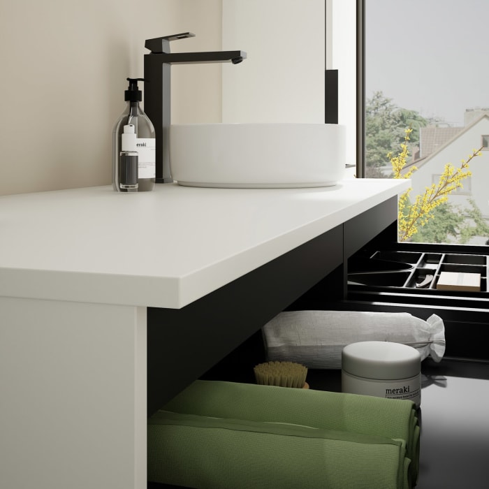 burgbad Eqio Waschtischkombination mit Keramik-Aufsatzwaschtisch 140 cm, rechts, mit Griff G0200