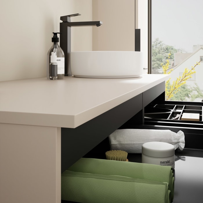 burgbad Eqio Waschtischkombination mit Keramik-Aufsatzwaschtisch 140 cm, rechts, mit Griff G0200