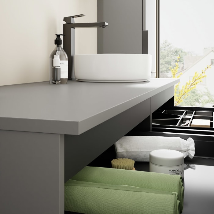 burgbad Eqio Waschtischkombination mit Keramik-Aufsatzwaschtisch 140 cm, rechts, mit Griff G0200