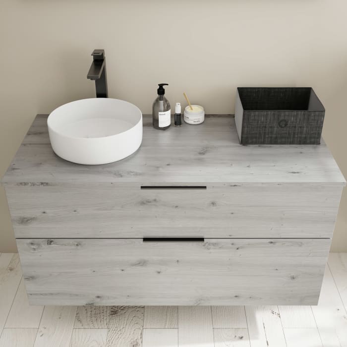 burgbad Eqio Waschtischkombination mit Keramik-Aufsatzwaschtisch 120 cm, links, mit Griff G0200