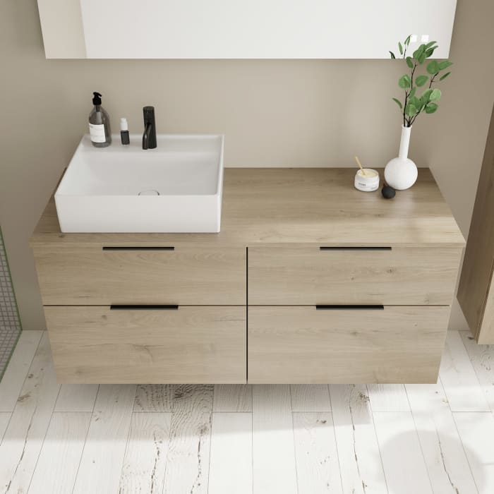 burgbad Eqio Waschtischkombination mit Keramik-Aufsatzwaschtisch 140 cm, links, mit Griff G0200