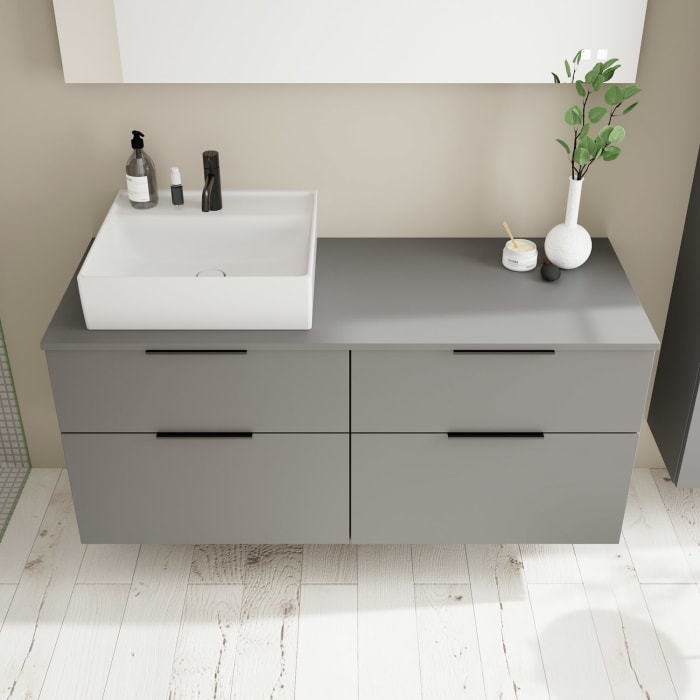 burgbad Eqio Waschtischkombination mit Keramik-Aufsatzwaschtisch 140 cm, links, mit Griff G0200