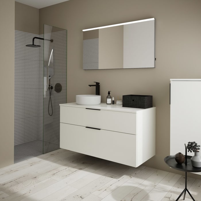 burgbad Eqio Waschtischkombination mit Keramik-Aufsatzwaschtisch 120 cm, links, mit Griff G0200