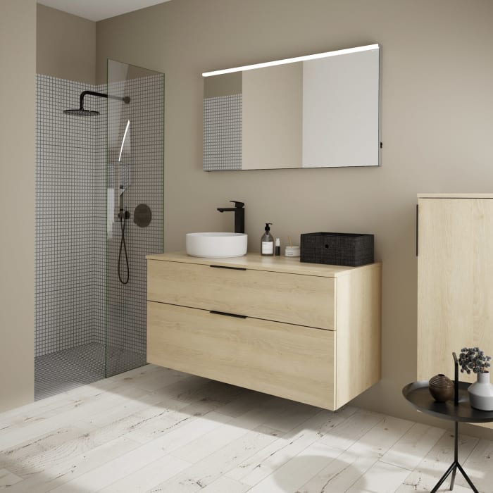 burgbad Eqio Waschtischkombination mit Keramik-Aufsatzwaschtisch 120 cm, links, mit Griff G0200