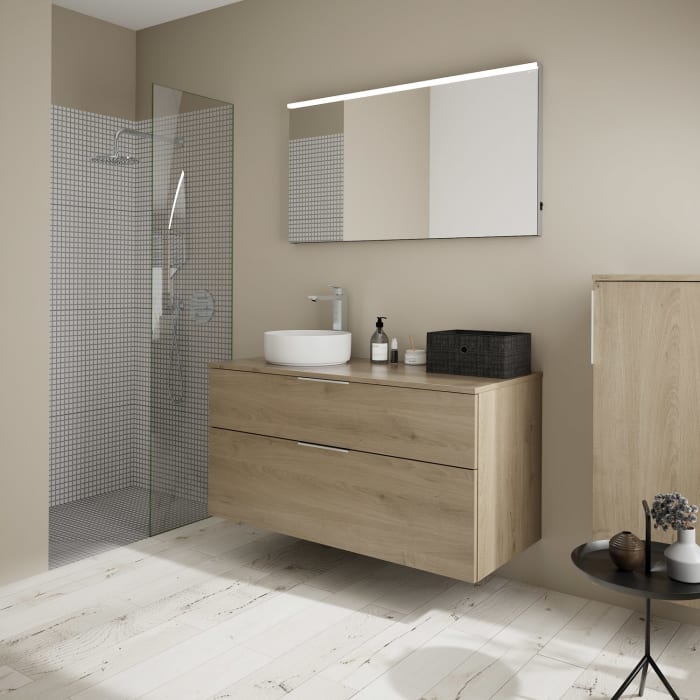 burgbad Eqio Waschtischkombination mit Keramik-Aufsatzwaschtisch 120 cm, links, mit Griff G0146