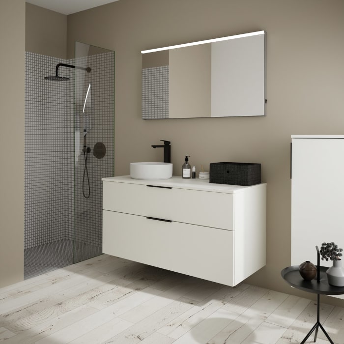 burgbad Eqio Waschtischkombination mit Keramik-Aufsatzwaschtisch 120 cm, links, mit Griff G0200