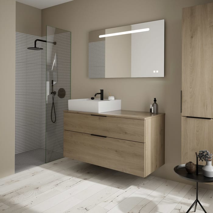 burgbad Eqio Waschtischkombination mit Keramik-Aufsatzwaschtisch 120 cm, links, mit Griff G0200