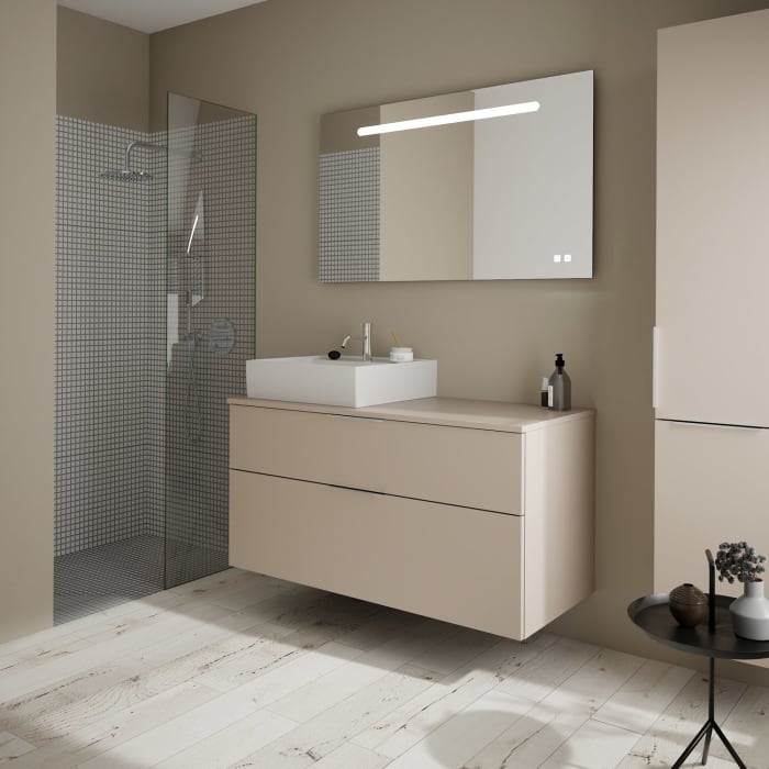 burgbad Eqio Waschtischkombination mit Keramik-Aufsatzwaschtisch 120 cm, links, mit Griff G0146