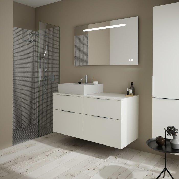 burgbad Eqio Waschtischkombination mit Keramik-Aufsatzwaschtisch 120 cm, links, mit Griff G0146