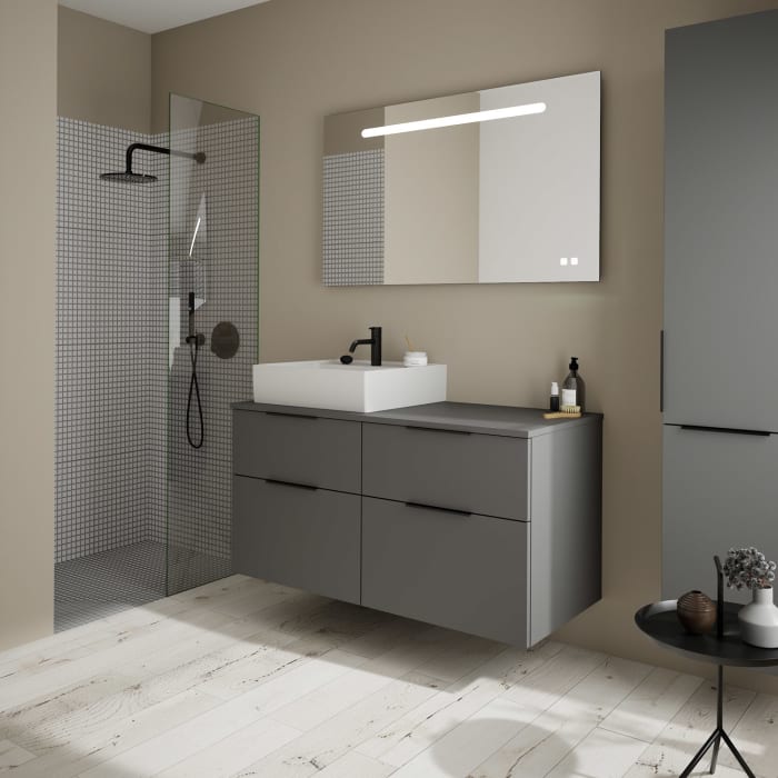 burgbad Eqio Waschtischkombination mit Keramik-Aufsatzwaschtisch 120 cm, links, mit Griff G0200