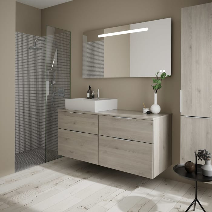 burgbad Eqio Waschtischkombination mit Keramik-Aufsatzwaschtisch 140 cm, links, mit Griff G0146