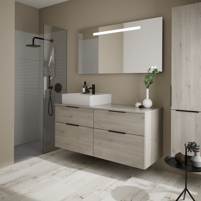 burgbad Eqio Waschtischkombination mit Keramik-Aufsatzwaschtisch 140 cm, links, mit Griff G0200