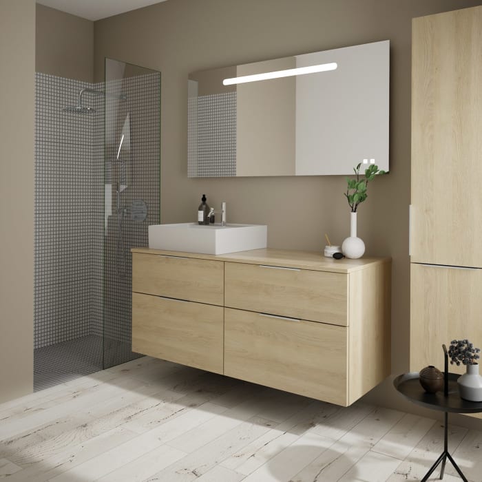 burgbad Eqio Waschtischkombination mit Keramik-Aufsatzwaschtisch 140 cm, links, mit Griff G0146