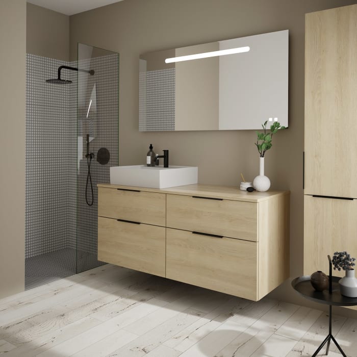 burgbad Eqio Waschtischkombination mit Keramik-Aufsatzwaschtisch 140 cm, links, mit Griff G0200