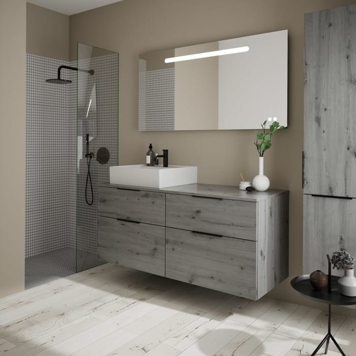 burgbad Eqio Waschtischkombination mit Keramik-Aufsatzwaschtisch 140 cm, links, mit Griff G0200