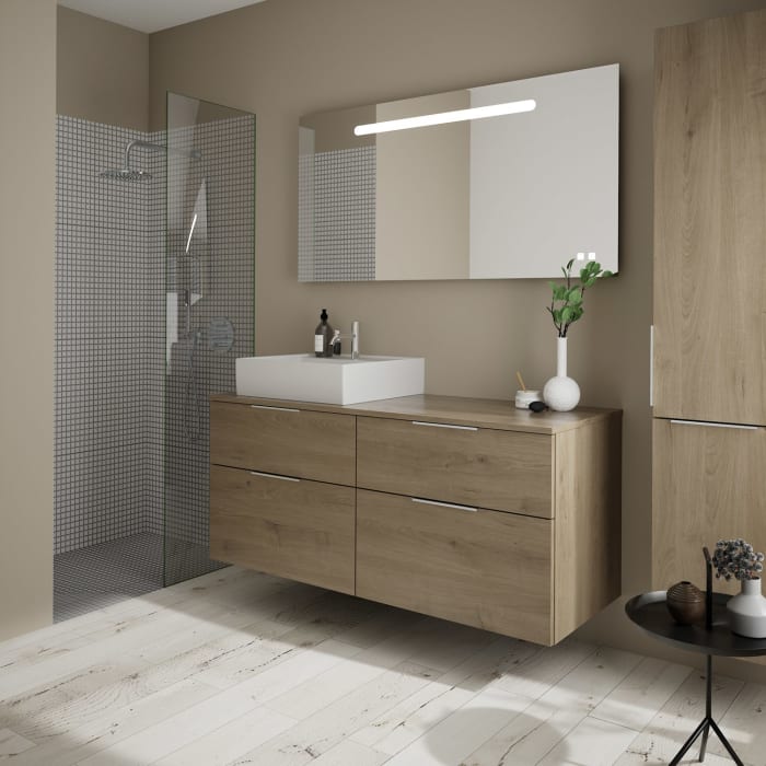 burgbad Eqio Waschtischkombination mit Keramik-Aufsatzwaschtisch 140 cm, links, mit Griff G0146