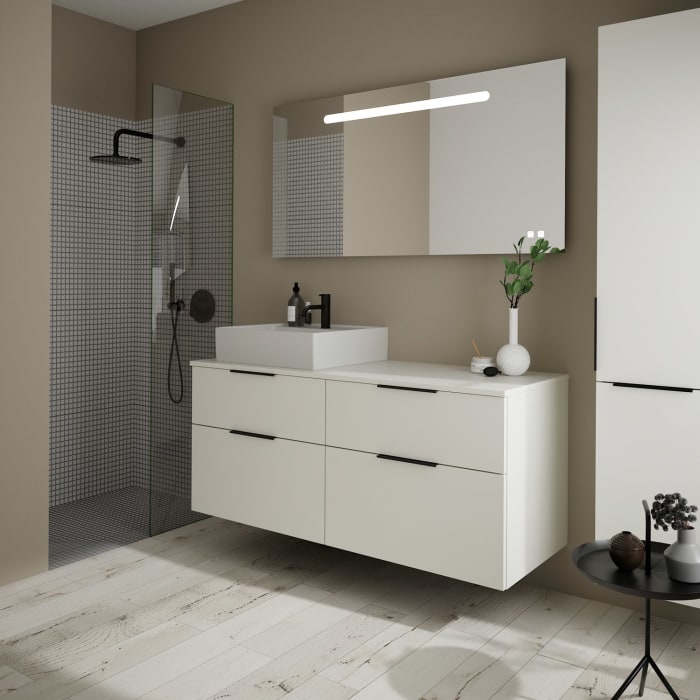 burgbad Eqio Waschtischkombination mit Keramik-Aufsatzwaschtisch 140 cm, links, mit Griff G0200