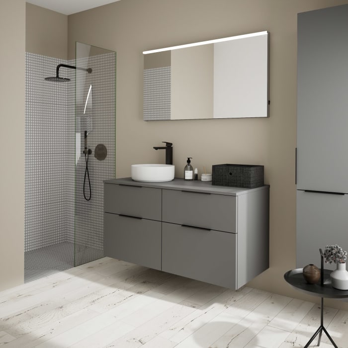 burgbad Eqio Waschtischkombination mit Keramik-Aufsatzwaschtisch 120 cm, links, mit Griff G0200