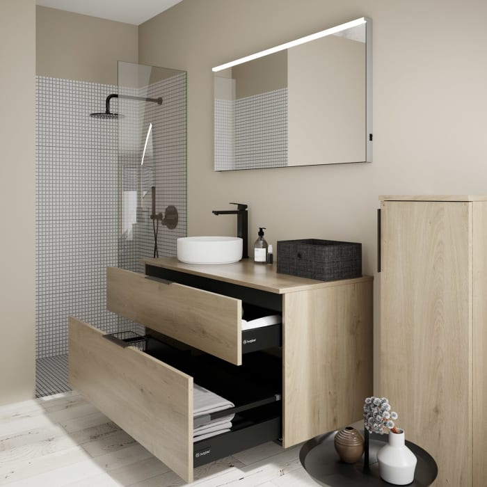 burgbad Eqio Waschtischkombination mit Keramik-Aufsatzwaschtisch 120 cm, links, mit Griff G0200