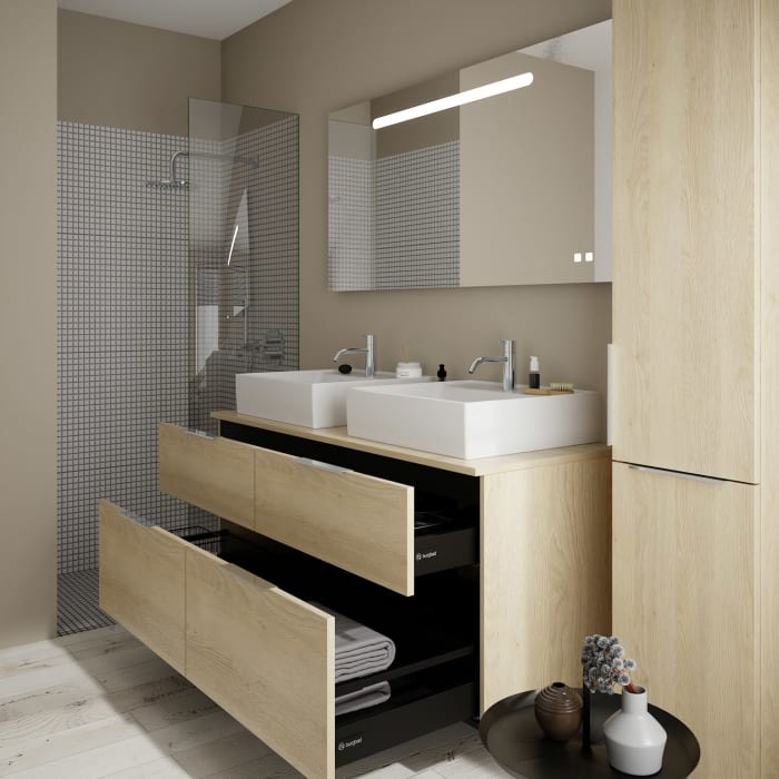 burgbad Eqio Waschtischkombination mit Keramik-Aufsatzwaschtisch 140 cm, links und rechts, mit Griff G0146