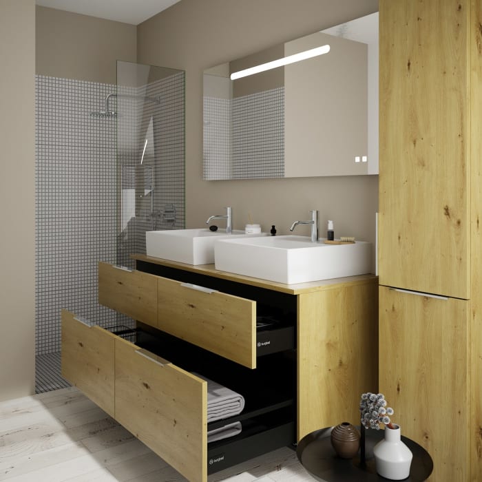 burgbad Eqio Waschtischkombination mit Keramik-Aufsatzwaschtisch 140 cm, links und rechts, mit Griff G0146