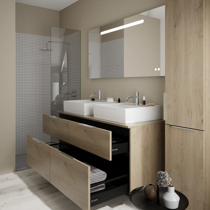 burgbad Eqio Waschtischkombination mit Keramik-Aufsatzwaschtisch 140 cm, links und rechts, mit Griff G0146