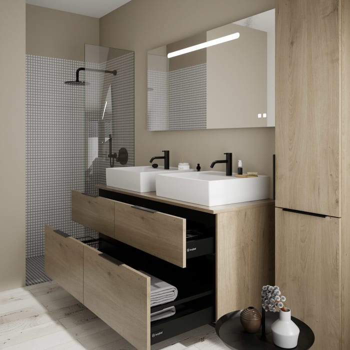 burgbad Eqio Waschtischkombination mit Keramik-Aufsatzwaschtisch 140 cm, links und rechts, mit Griff G0200