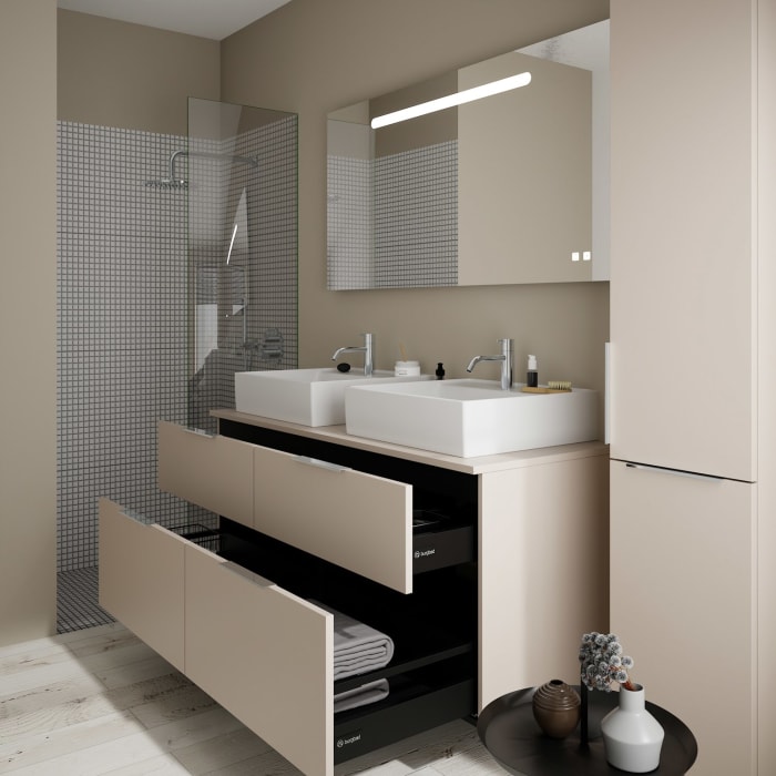 burgbad Eqio Waschtischkombination mit Keramik-Aufsatzwaschtisch 140 cm, links und rechts, mit Griff G0146