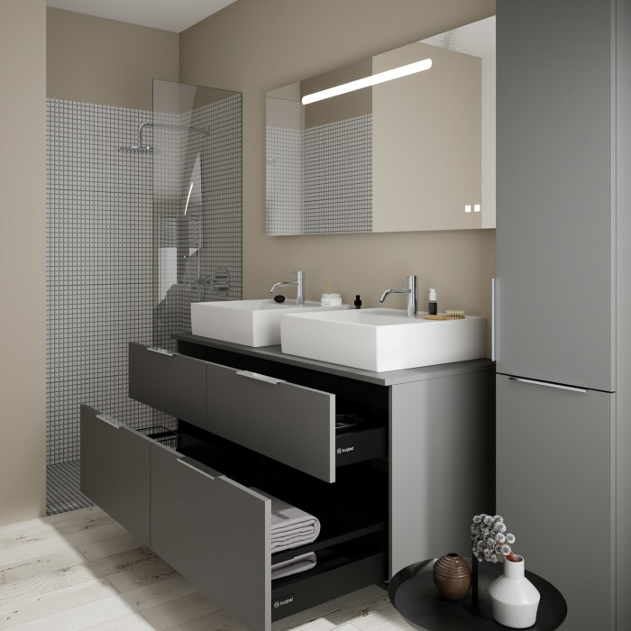 burgbad Eqio Waschtischkombination mit Keramik-Aufsatzwaschtisch 140 cm, links und rechts, mit Griff G0146