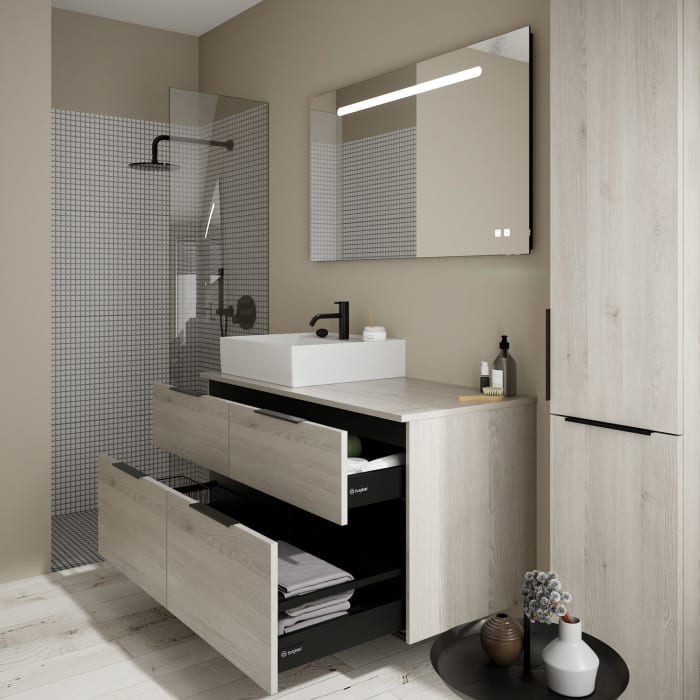 burgbad Eqio Waschtischkombination mit Keramik-Aufsatzwaschtisch 120 cm, links, mit Griff G0200