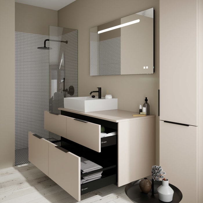 burgbad Eqio Waschtischkombination mit Keramik-Aufsatzwaschtisch 120 cm, links, mit Griff G0200