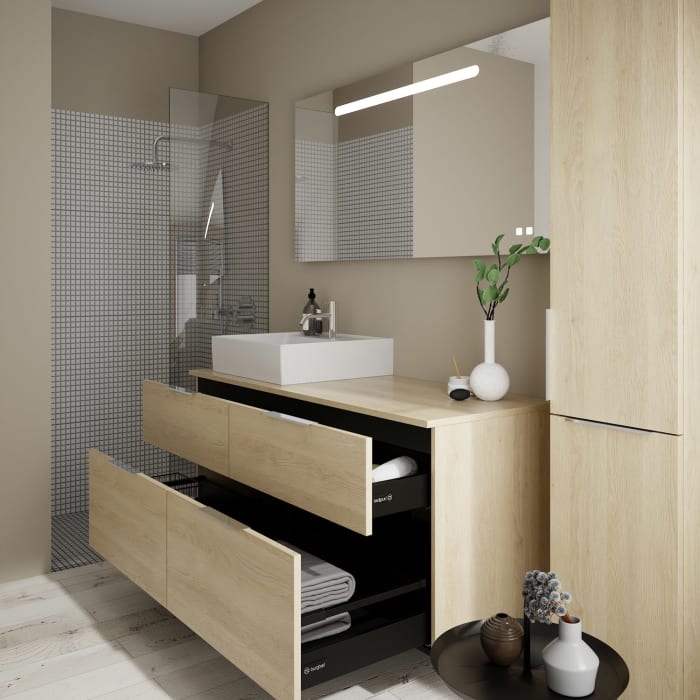 burgbad Eqio Waschtischkombination mit Keramik-Aufsatzwaschtisch 140 cm, links, mit Griff G0146