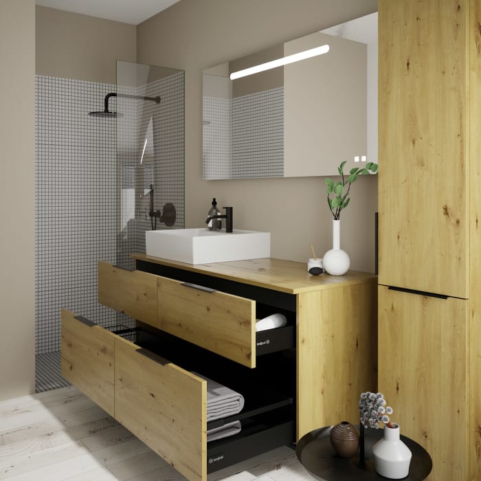 burgbad Eqio Waschtischkombination mit Keramik-Aufsatzwaschtisch 140 cm, links, mit Griff G0200