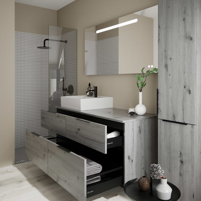 burgbad Eqio Waschtischkombination mit Keramik-Aufsatzwaschtisch 140 cm, links, mit Griff G0200