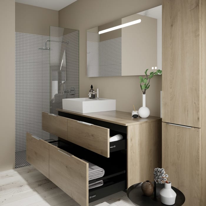 burgbad Eqio Waschtischkombination mit Keramik-Aufsatzwaschtisch 140 cm, links, mit Griff G0146