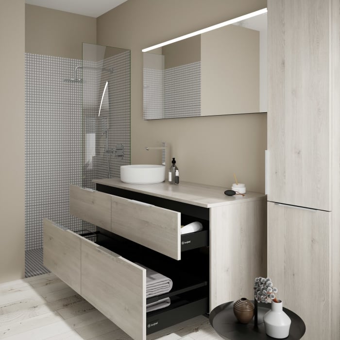 burgbad Eqio Waschtischkombination mit Keramik-Aufsatzwaschtisch 140 cm, links, mit Griff G0146