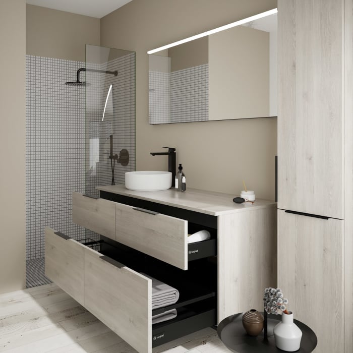 burgbad Eqio Waschtischkombination mit Keramik-Aufsatzwaschtisch 140 cm, links, mit Griff G0200