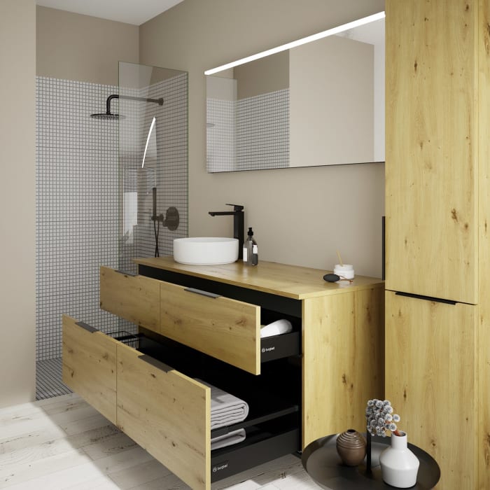 burgbad Eqio Waschtischkombination mit Keramik-Aufsatzwaschtisch 140 cm, links, mit Griff G0200