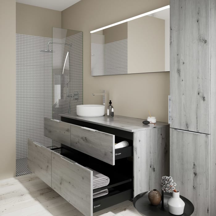 burgbad Eqio Waschtischkombination mit Keramik-Aufsatzwaschtisch 140 cm, links, mit Griff G0146