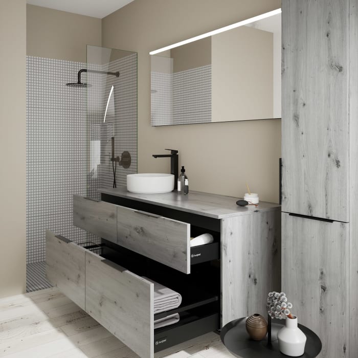 burgbad Eqio Waschtischkombination mit Keramik-Aufsatzwaschtisch 140 cm, links, mit Griff G0200